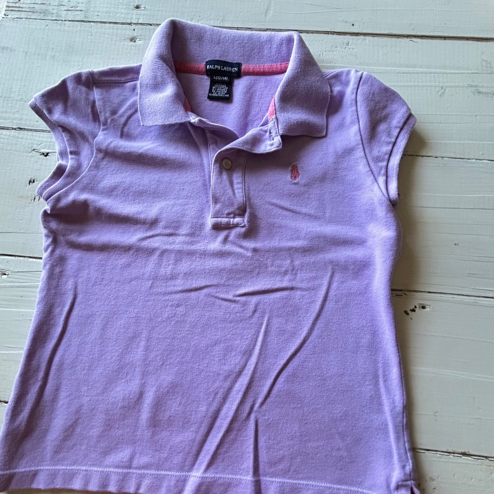 Ralph Lauren Girls Purple Pique Polo Shirt Pink Pony Logo Lโ 12-14 Short Sleeve